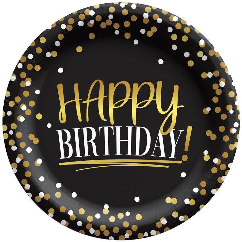Amscan Elegant Black & Gold Happy Birthday Round Plates  6.75"" - Premium Quality & Stylish Dots Design Party Plates  Perfect for Celebrations  Small  Multicolor (8-Pack)