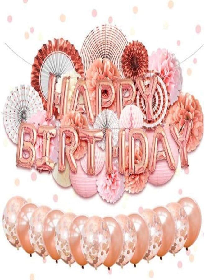 PARTY Happy Birthday Balloons Banner with Lanterns for All Ages (Rose Gold)