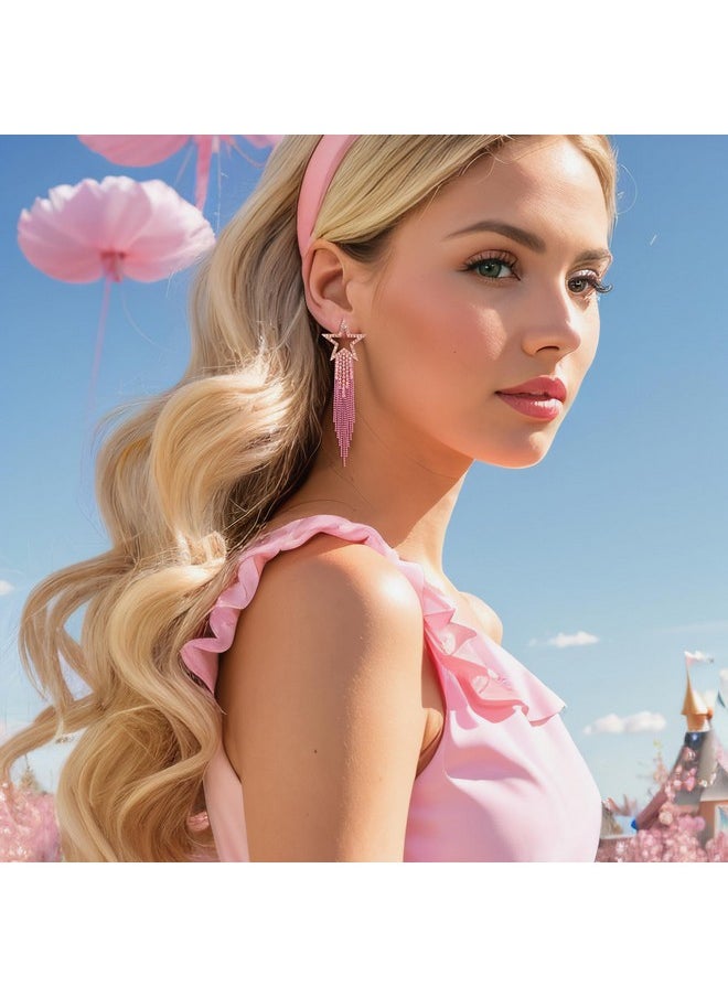 EVER FAITH Star Tassel Earrings For Women, Rhinestone Crystal Long Fringe Chandelier Dangle Drop Statement Earrings Costume Jewelry Hot Pink Pink-Tone  - Image 3