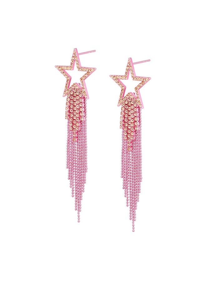 EVER FAITH Star Tassel Earrings For Women, Rhinestone Crystal Long Fringe Chandelier Dangle Drop Statement Earrings Costume Jewelry Hot Pink Pink-Tone  - Image 1