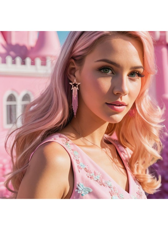 EVER FAITH Star Tassel Earrings For Women, Rhinestone Crystal Long Fringe Chandelier Dangle Drop Statement Earrings Costume Jewelry Hot Pink Pink-Tone  - Image 2