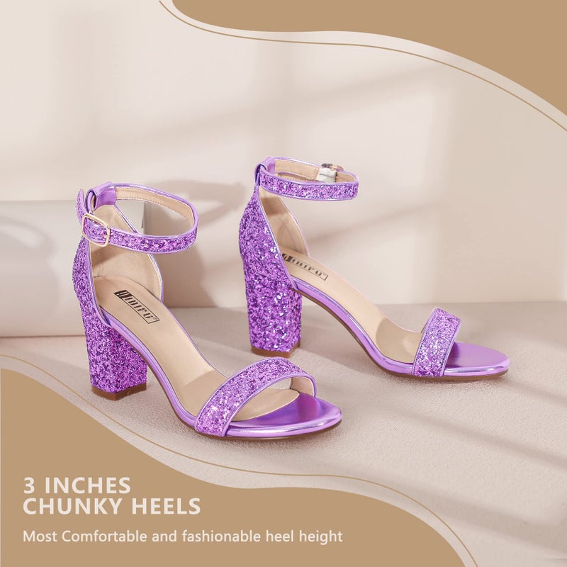 IDIFU Cookie-MI Block Heels 3 Inch Sandals Chunky Open Toe Heel Wedding Homecoming Dress Shoes for Women Brides Ladies (Lilac Sequin, 7.5 B(M) US) - Image 4
