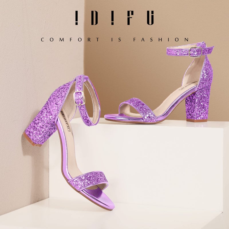 IDIFU Cookie-MI Block Heels 3 Inch Sandals Chunky Open Toe Heel Wedding Homecoming Dress Shoes for Women Brides Ladies (Lilac Sequin, 7.5 B(M) US) - Image 3