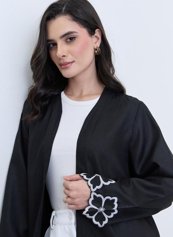 Amirah Black Embroidered Sleeve Open Abaya - Image 4