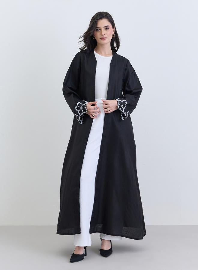 Amirah Black Embroidered Sleeve Open Abaya - Image 3