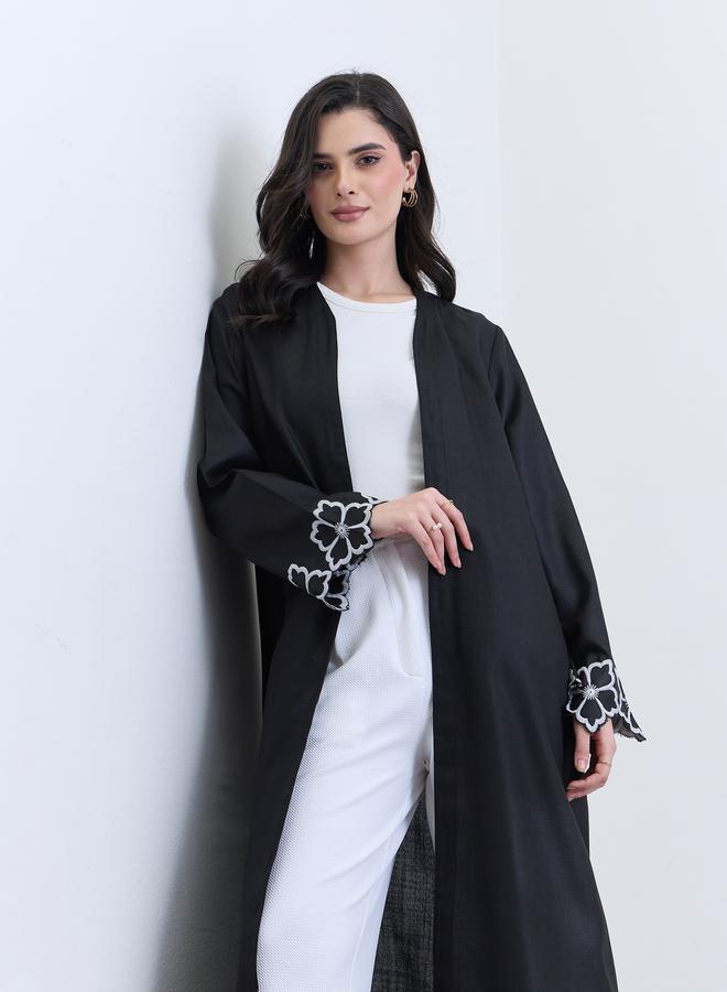 Amirah Black Embroidered Sleeve Open Abaya - Image 1