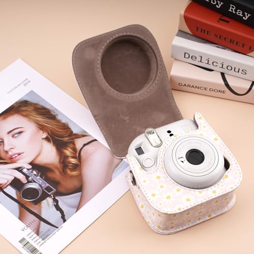 Frankmate Protective Case Compatible with Instax Mini 12 11 9 8, PU Leather Camera Bag with Small Photo Album and Adjustable Shoulder Strap (Pink Daisy) - Image 3