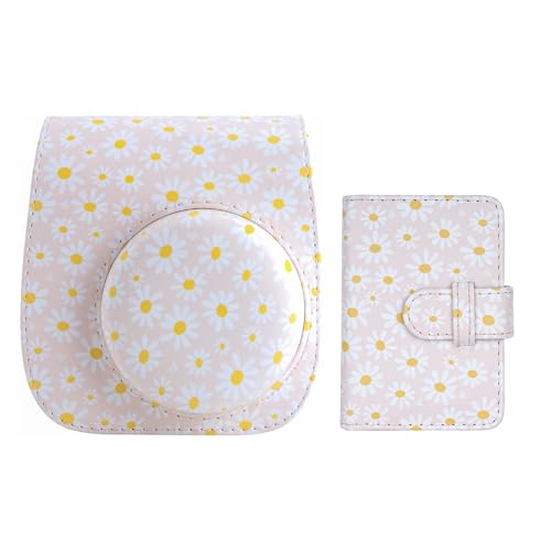Frankmate Protective Case Compatible with Instax Mini 12 11 9 8, PU Leather Camera Bag with Small Photo Album and Adjustable Shoulder Strap (Pink Daisy) - Image 1