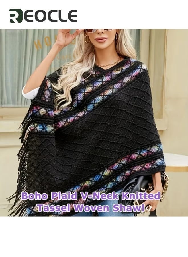 REOCLE Pullover Rhombus Plaid Shawl Spring and Autumn New Ethnic Style Tassel Cape to Wear with Women's Fashionable and Versatile Travel Coat - Image 2