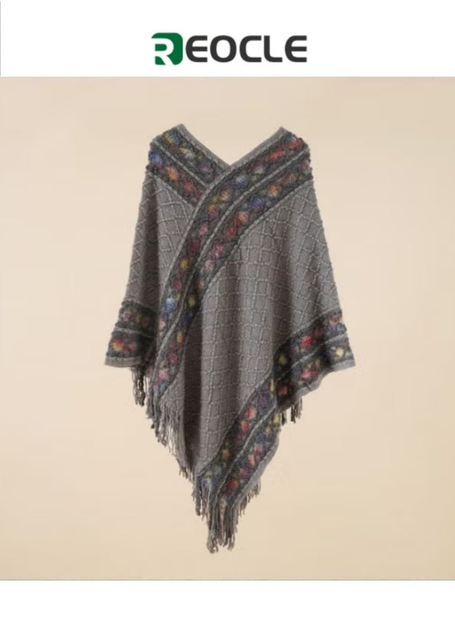 REOCLE Pullover Rhombus Plaid Shawl Spring and Autumn New Ethnic Style Tassel Cape to Wear with Women's Fashionable and Versatile Travel Coat - Image 1