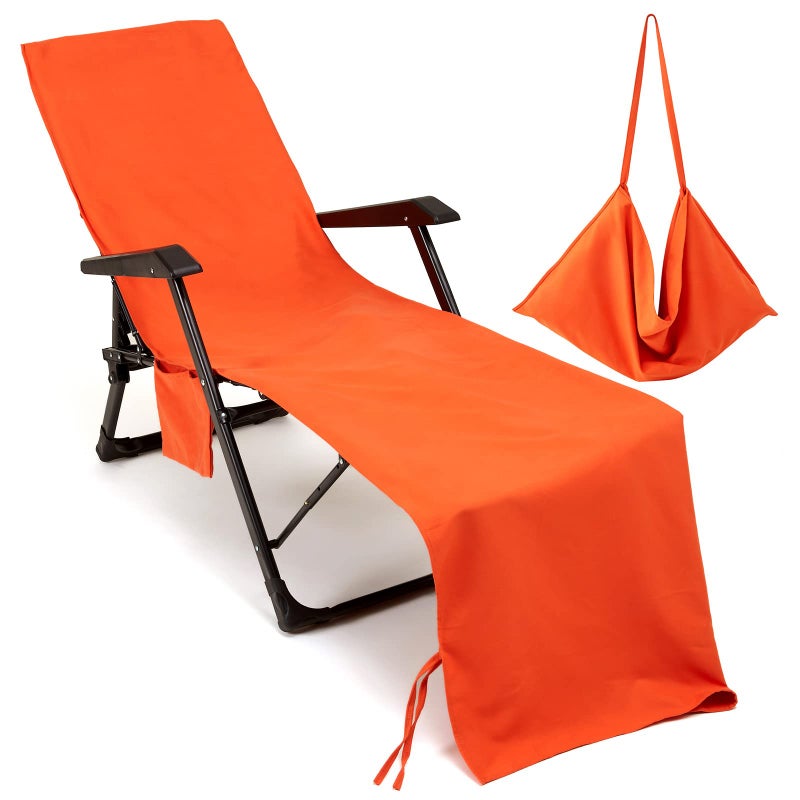 VOCOOL Chaise Lounge Chair Towel Cover with Side Pockets Thick and Quick Dry Beach Chair Cover Pool Chair Towel Lounge Chair Cover for Swimming Pool Sun Lounger Hotel Sunbathing Vacation Orange