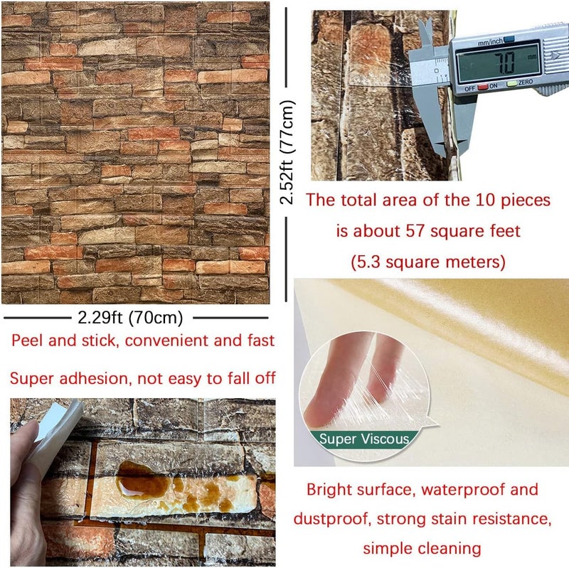 Rylan Self-Adhesive Waterproof PE Foam 3D Wall Panels Wallpaper Sticker for Bathroom, Living Room, and Home Decoration (70 x 77cm, Appx. 5.8Sq Feet)-10 Piece-Brown Stone - Image 2