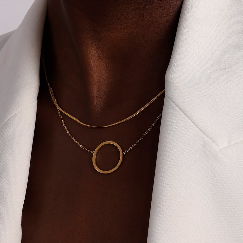 PALMONAS 18k Gold Tone Plated Circle Ring Double Layer Necklace
 for Women - Image 4
