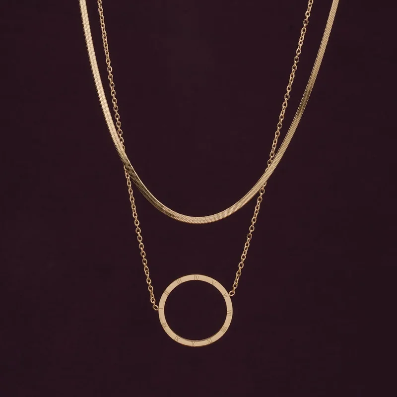 بالموناس PALMONAS 18k Gold Tone Plated Circle Ring Double Layer Necklace
 for Women