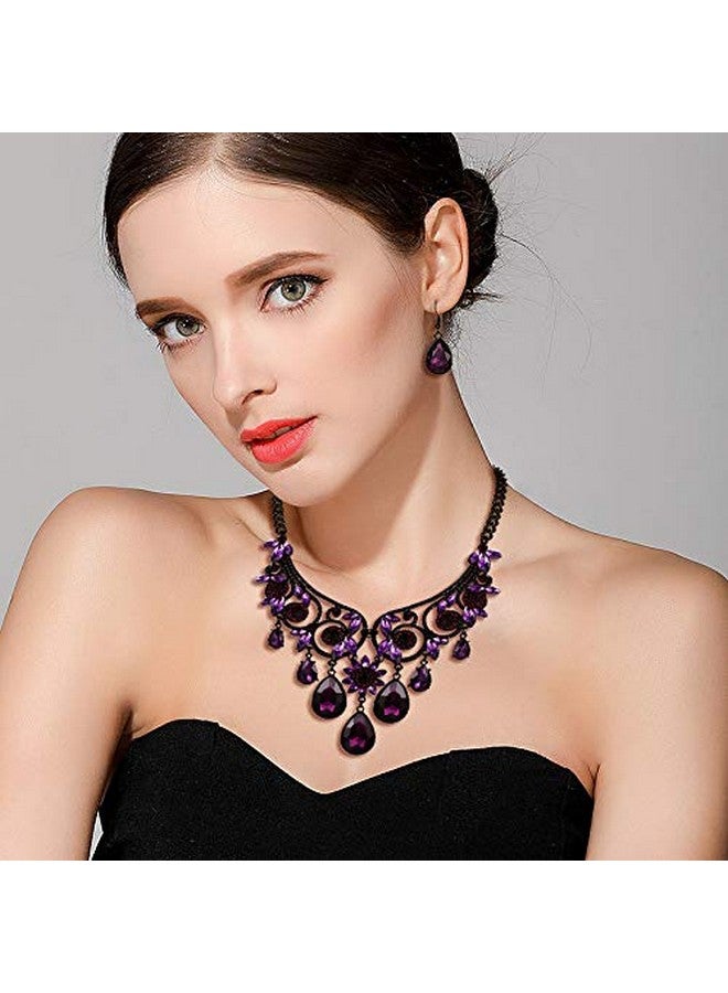 BriLove Women'S Tribal Ethnic Crystal Chunky Statement Necklace Dangle Earrings Set Purple Black-Tone - Image 4
