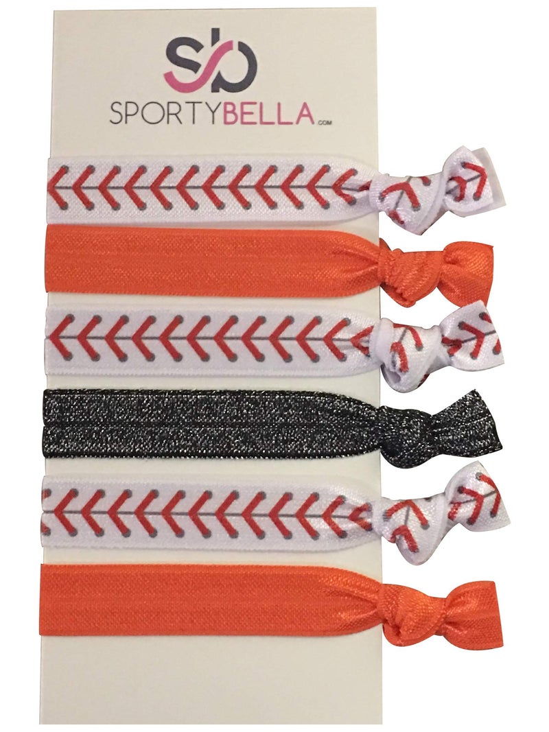 Infinity Collection Baseball Hair Ties 5 Ponytail Holders with No Crease Ribbon Orange and Baseball Stitch Pattern