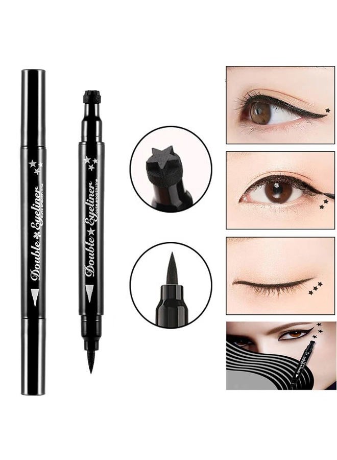 Pinkiou 2 in 1 Double-headed Liquid Eyeliner Pen Stamp Super Slim Gel Felt Tip High Pigment Black Waterproof Smudgeproof Long Lasting Tattoo Makeup Tool(Star) - Image 2