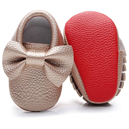 Bebila Double Bow Baby Moccasins - Soft Red Sole Baby Shoes Toddler Infant Fringe Girls Shoes (0-3months,10.5cm, 3M US Infant, Gold) - Image 1