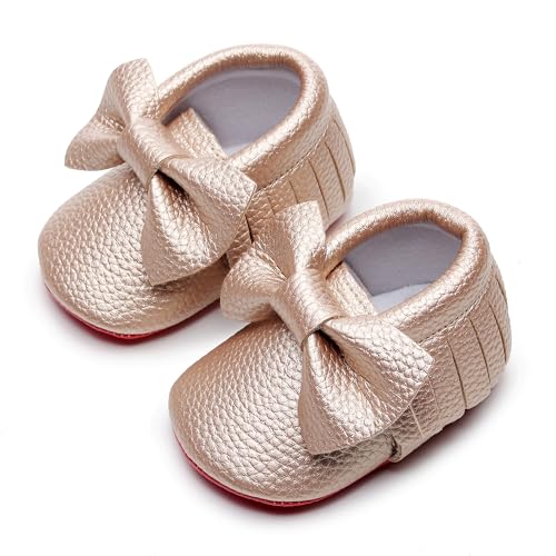 Bebila Double Bow Baby Moccasins - Soft Red Sole Baby Shoes Toddler Infant Fringe Girls Shoes (0-3months,10.5cm, 3M US Infant, Gold) - Image 4