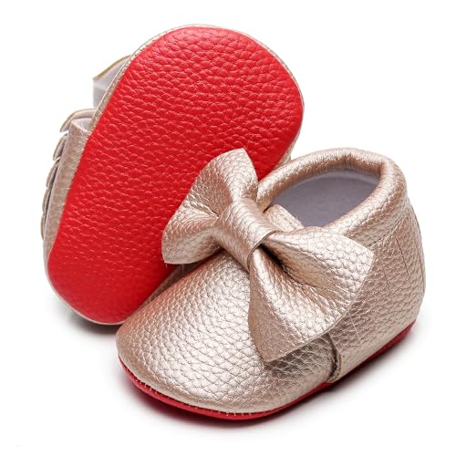 Bebila Double Bow Baby Moccasins - Soft Red Sole Baby Shoes Toddler Infant Fringe Girls Shoes (0-3months,10.5cm, 3M US Infant, Gold) - Image 2