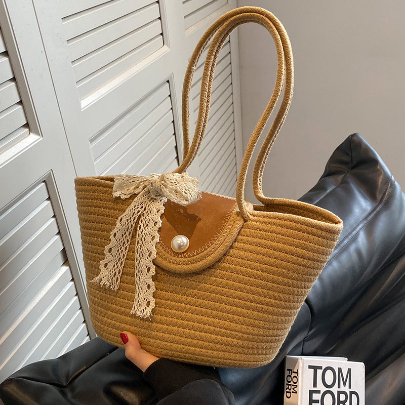 Woven Straw Shoulder Bag for Travel, Beach, Large Capacity Bucket Tote - Image 3