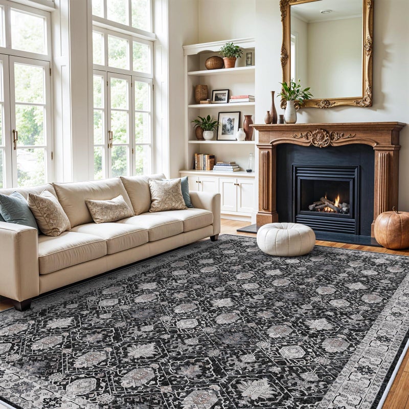 HY HAO YUN LAI Washable Large 9x12 Area Rug: Indoor Oriental Living Room Carpet with Non Slip Backing Ultra Soft Low Pile Rugs for Bedroom Dining Room Distressed Stain Resistant Thin Floor Mat (9x12 Black) - Image 4