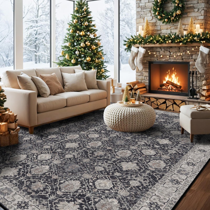HY HAO YUN LAI Washable Large 9x12 Area Rug: Indoor Oriental Living Room Carpet with Non Slip Backing Ultra Soft Low Pile Rugs for Bedroom Dining Room Distressed Stain Resistant Thin Floor Mat (9x12 Black) - Image 1