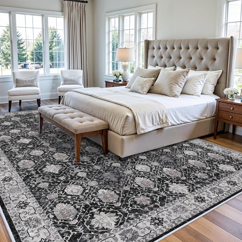 HY HAO YUN LAI Washable Large 9x12 Area Rug: Indoor Oriental Living Room Carpet with Non Slip Backing Ultra Soft Low Pile Rugs for Bedroom Dining Room Distressed Stain Resistant Thin Floor Mat (9x12 Black) - Image 2