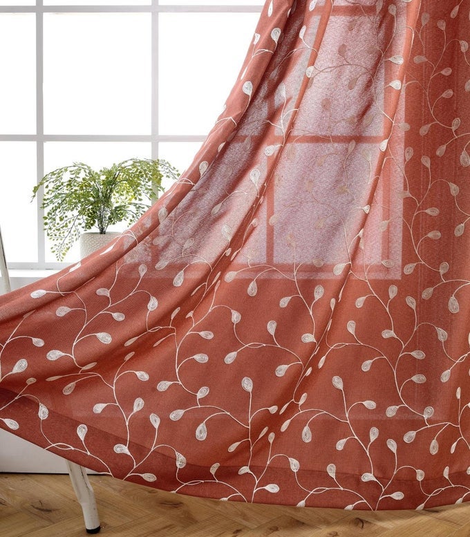 FLORAL EMBROIDERY SEMI SHEER CURTAINS FAUX LINEN GROMMET CURTAIN PANELS FOR KIDS ROOM 52 X 84 INCH 2 PANELS RUST