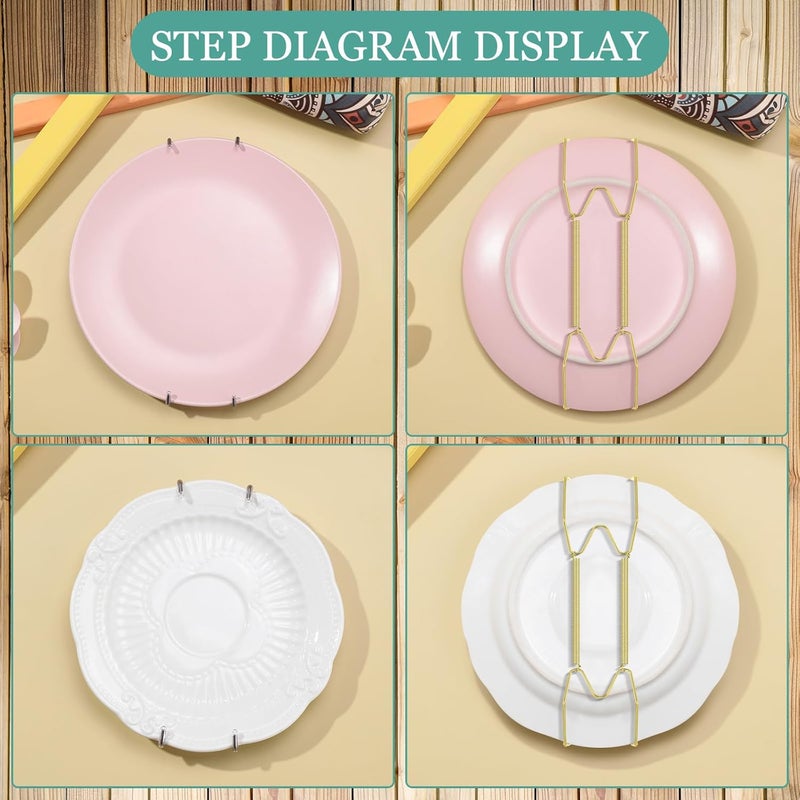 Hotop 12 Pieces Plate Hangers for Wall Stainless Steel Wire Invisible Heavy Duty Plate Hangers Display Holders with 12 Pieces Hooks for Wall Decorative(4-5 Inch,Gold) - Image 4