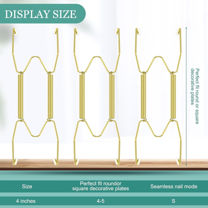 Hotop 12 Pieces Plate Hangers for Wall Stainless Steel Wire Invisible Heavy Duty Plate Hangers Display Holders with 12 Pieces Hooks for Wall Decorative(4-5 Inch,Gold) - Image 2