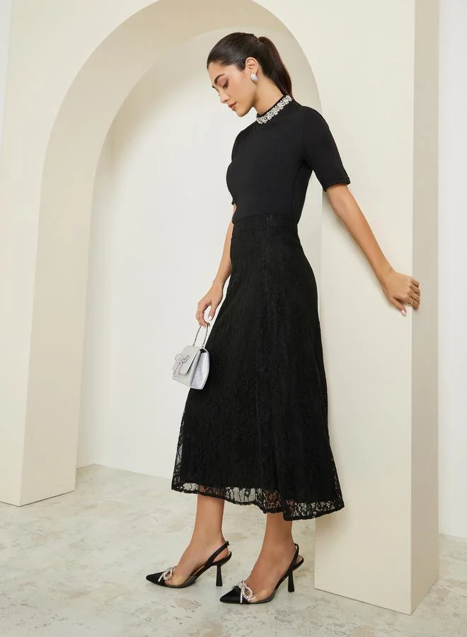 Styli Women Black Embellished Neckline Top