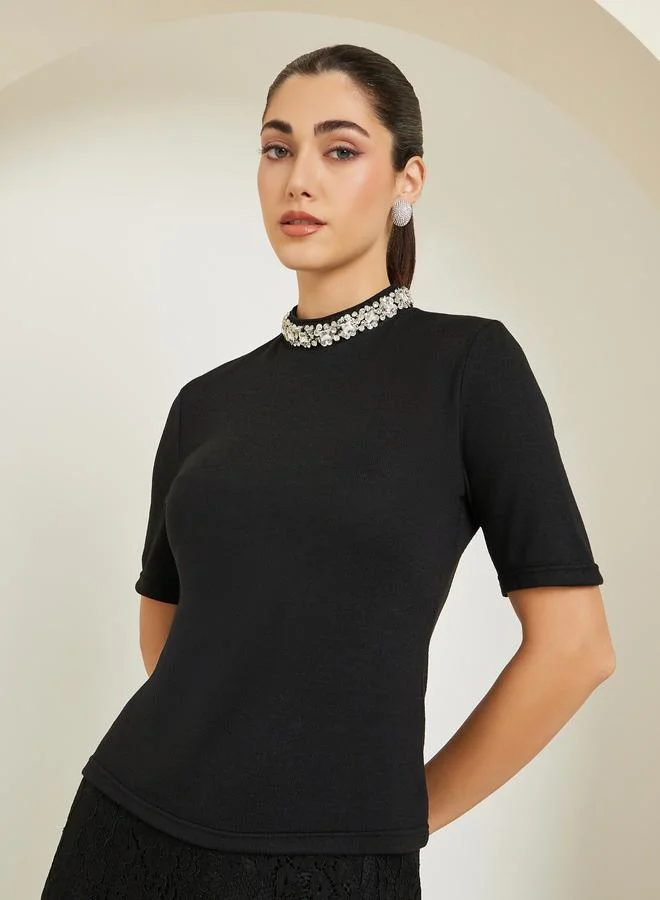Styli Women Black Embellished Neckline Top