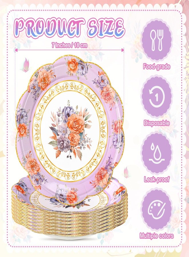 Zhehao 24 Pcs 7 Inch Vintage Floral Flower Decorative Plates Bulk Tea Party Watercolor Disposable Dessert Scalloped Paper Plates for Birthday Wedding Baby Shower Bloom Decoration Supplies, 6 Styles - Image 5