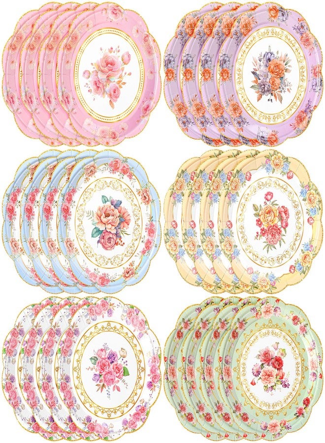 Zhehao 24 Pcs 7 Inch Vintage Floral Flower Decorative Plates Bulk Tea Party Watercolor Disposable Dessert Scalloped Paper Plates for Birthday Wedding Baby Shower Bloom Decoration Supplies, 6 Styles - Image 1