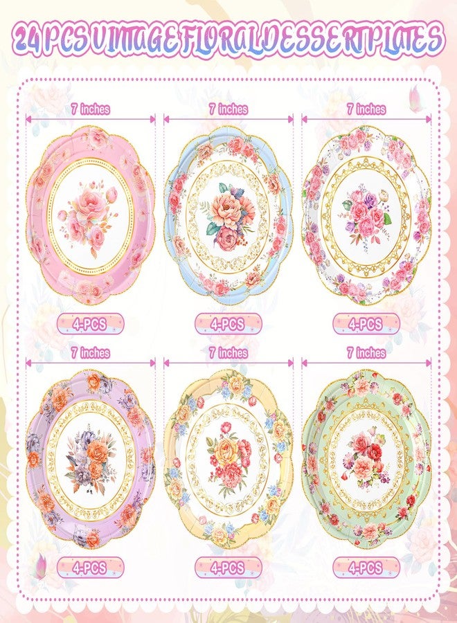Zhehao 24 Pcs 7 Inch Vintage Floral Flower Decorative Plates Bulk Tea Party Watercolor Disposable Dessert Scalloped Paper Plates for Birthday Wedding Baby Shower Bloom Decoration Supplies, 6 Styles - Image 3