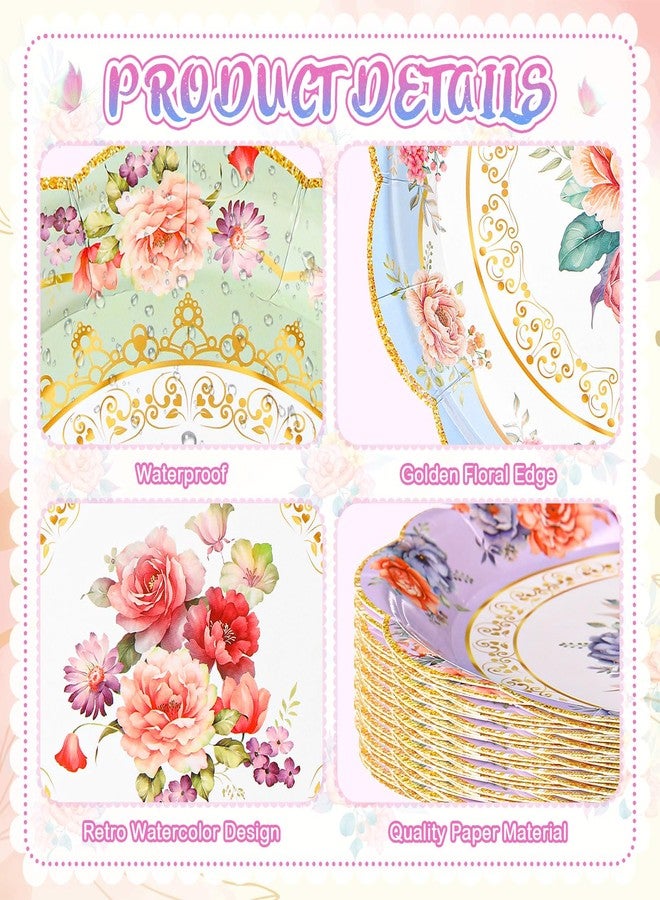 Zhehao 24 Pcs 7 Inch Vintage Floral Flower Decorative Plates Bulk Tea Party Watercolor Disposable Dessert Scalloped Paper Plates for Birthday Wedding Baby Shower Bloom Decoration Supplies, 6 Styles - Image 4
