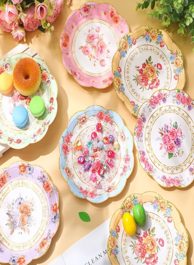 Zhehao 24 Pcs 7 Inch Vintage Floral Flower Decorative Plates Bulk Tea Party Watercolor Disposable Dessert Scalloped Paper Plates for Birthday Wedding Baby Shower Bloom Decoration Supplies, 6 Styles - Image 2