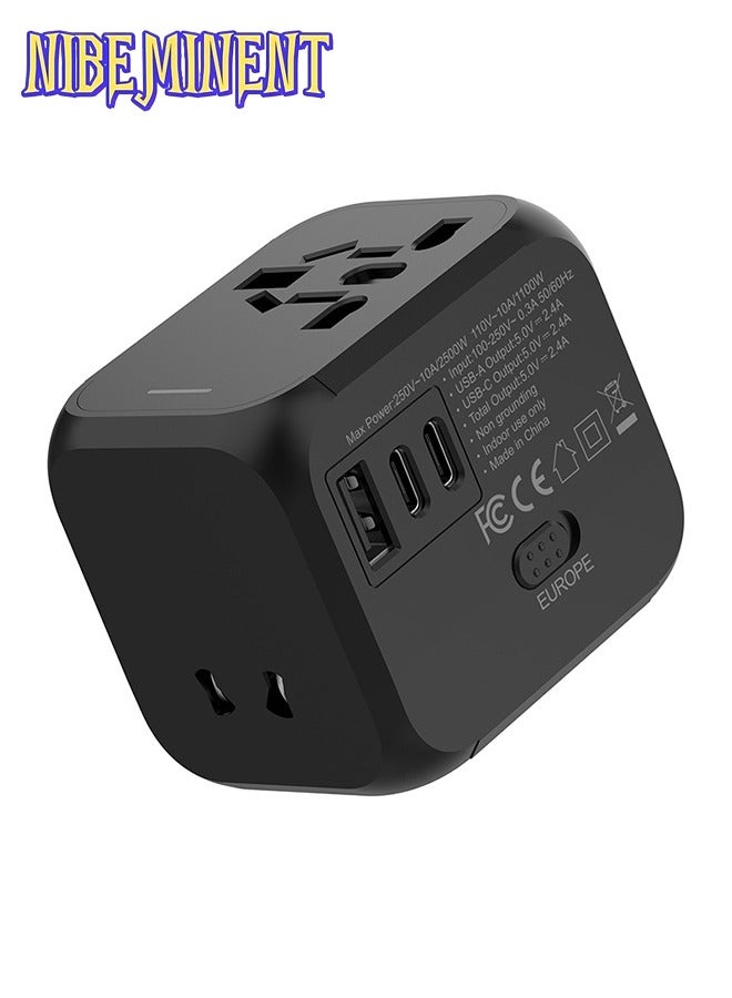 NIBEMINENT Travel Adapter - 2500W Global Voltage Converter with C-Type Plug, Compact & Lightweight Design for US, UK, EU, AU Black- Perfect for Business Trips & Vacations, International Travel Adapter  - Image 1