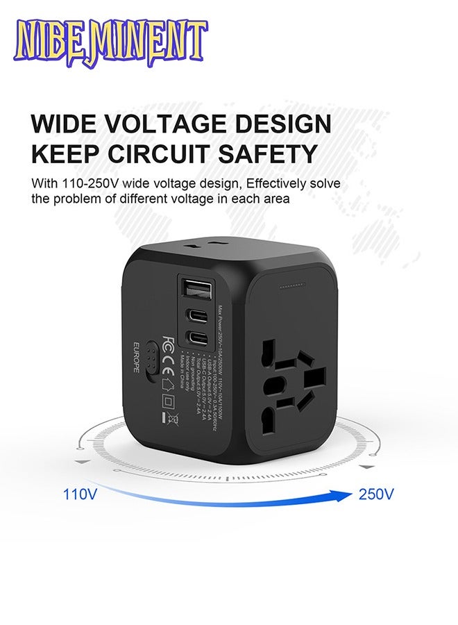NIBEMINENT Travel Adapter - 2500W Global Voltage Converter with C-Type Plug, Compact & Lightweight Design for US, UK, EU, AU Black- Perfect for Business Trips & Vacations, International Travel Adapter  - Image 2