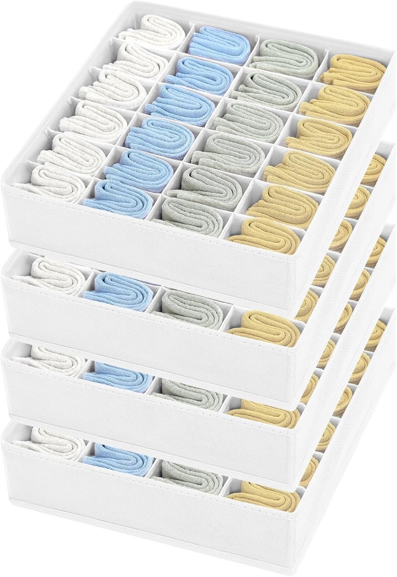 Easortm Sock Organizer 4 Pack, 24 Cell Foldable Underwear & Sock Storage, Drawer Organizer for Ties, Belts. (White) - Image 1