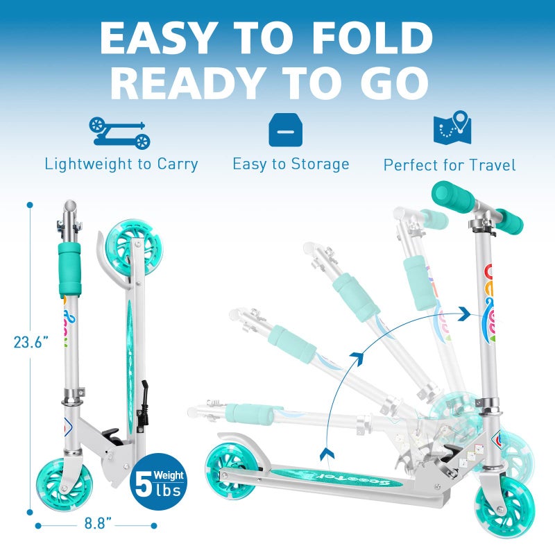 BELEEV سكوتر BELEEV V1 للأطفال، سكوتر قابل للطي بعجلتين للفتيات والفتيان، 3 ارتفاعات قابلة للتعديل، عجلات مضيئة، سكوتر خفيف الوزن مع دعامة للأطفال من عمر 3-12 (أكوا) - Image 4