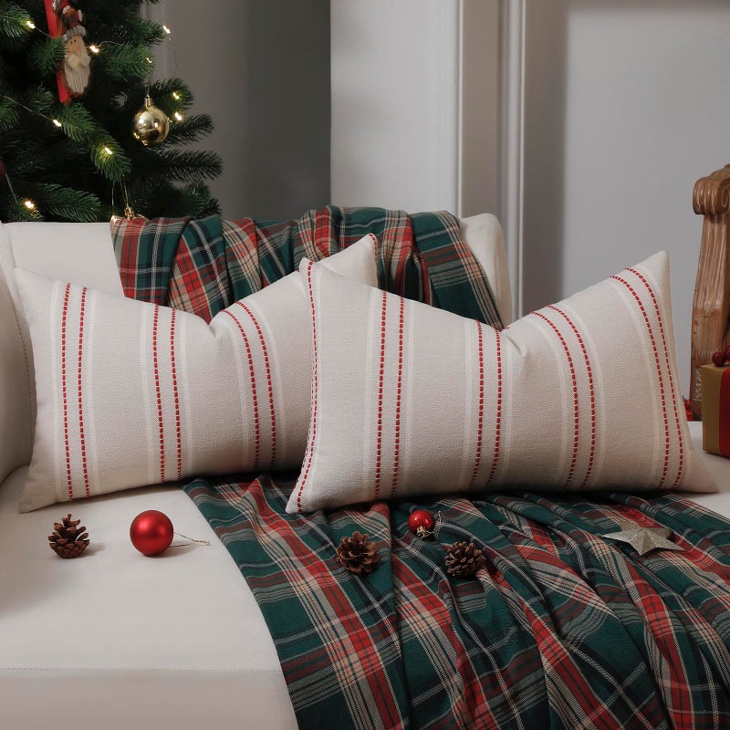 Hckot Christmas Throw Pillow Covers 12x20 Red Pillow Covers Striped Xmas Decorations Pillows Lumbar Farmhouse Cushion Covers Winter Holiday Decor for Sofa Living Room (Red) - Image 1