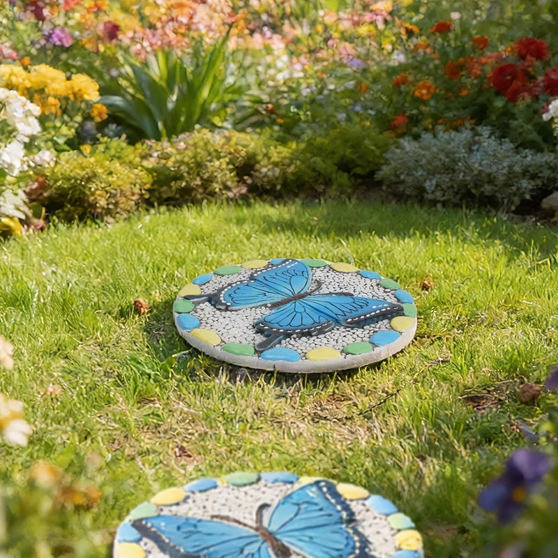 Cynkeyee Decorative Butterfly Garden Stepping Stone - Round 10-Inch Concrete, Multi-Colored with Blue Design, Pebble Background for Outdoor Pathways Cynkeyee - Image 3