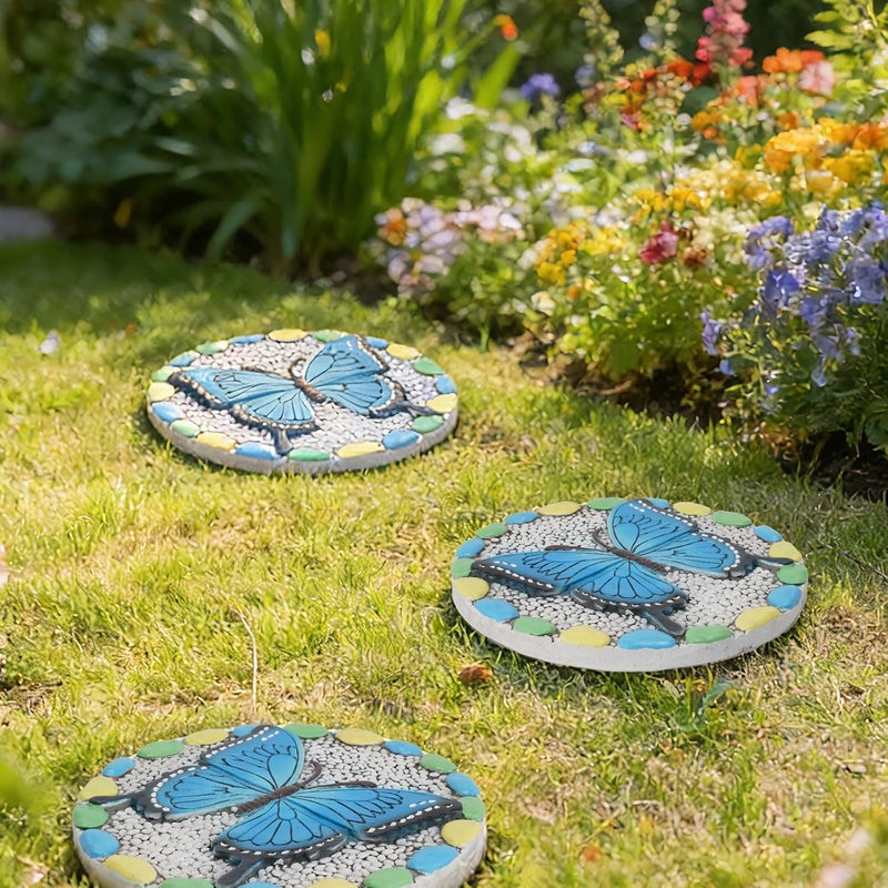 Cynkeyee Decorative Butterfly Garden Stepping Stone - Round 10-Inch Concrete, Multi-Colored with Blue Design, Pebble Background for Outdoor Pathways Cynkeyee - Image 4