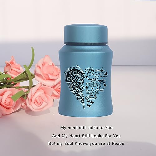 BRUKUSUR 4.5 Inches Small Urn for Human Ashes Stainless Steel Mini Cremation Urn Small Keepsake Urn Heart Wing Pattern Memorial Ashes Container-Blue - Image 3