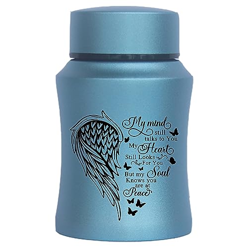 BRUKUSUR 4.5 Inches Small Urn for Human Ashes Stainless Steel Mini Cremation Urn Small Keepsake Urn Heart Wing Pattern Memorial Ashes Container-Blue - Image 1