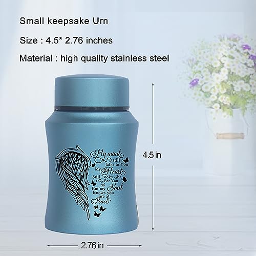 BRUKUSUR 4.5 Inches Small Urn for Human Ashes Stainless Steel Mini Cremation Urn Small Keepsake Urn Heart Wing Pattern Memorial Ashes Container-Blue - Image 5