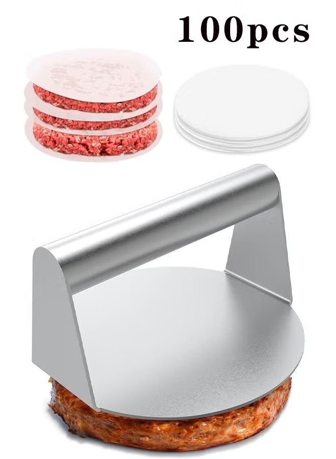 Meat Press Burger Press with Burger Patty Paper Round 12cm, Set of 100 Non-Stick Patty Paper for Burger Press, Zigzag Patty and Cake Baking - Image 1