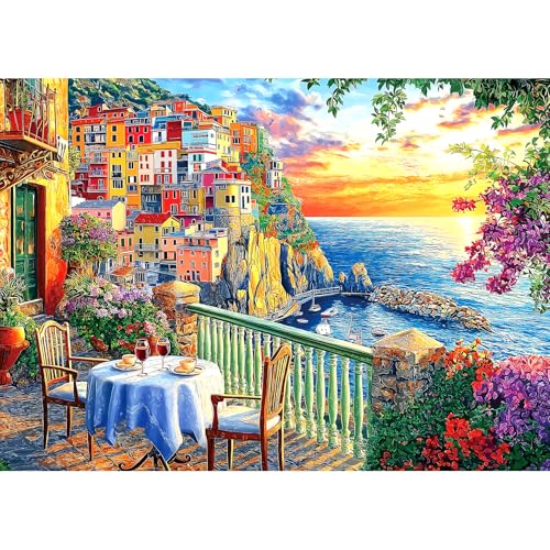 MINIWAN Italy Cinque Terre Jigsaw Puzzles for Adults 1000 Pieces Coastal Village Beautiful Landscape Scenery Sunset View with Letters on Back Hard Impossible Difficult challenging Family Puzzle 275x196 - Image 1